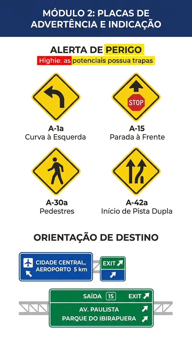Resumo visual sobre placas de advertência e indicação